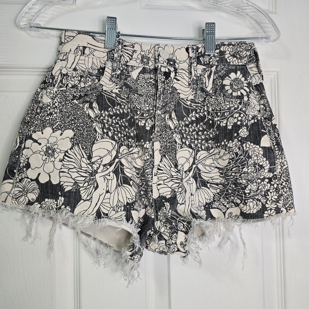 MOTHER Black and White Floral Jean Shorts